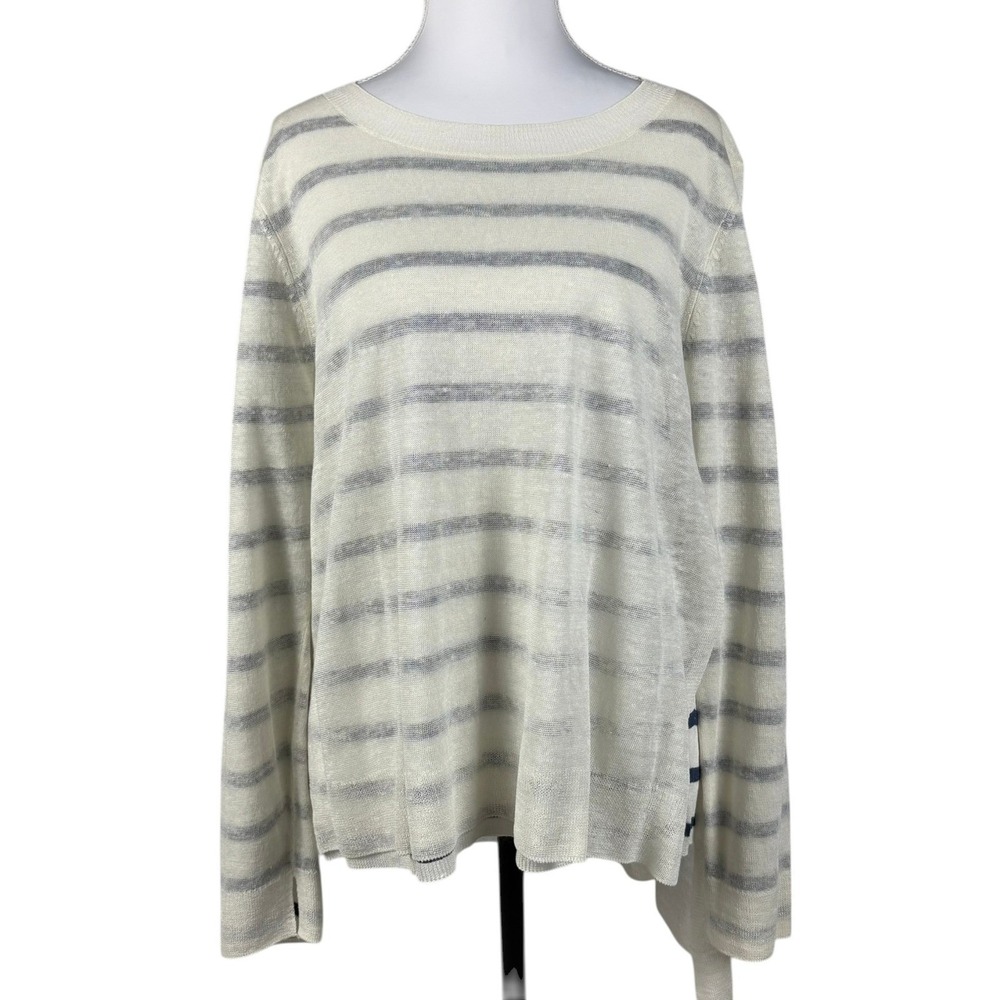 Eileen Fisher Linen Crepe Knit Top Womens M White‎ Blue Stripe Sheer Layered NWT